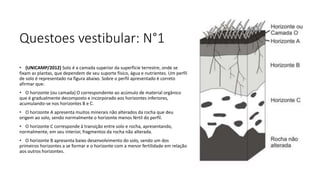 Questoes vestibular: N°1
• (UNICAMP/2012) Solo é a camada superior da superfície terrestre, onde se
fixam as plantas, que dependem de seu suporte físico, água e nutrientes. Um perfil
de solo é representado na figura abaixo. Sobre o perfil apresentado é correto
afirmar que:
• O horizonte (ou camada) O correspondente ao acúmulo de material orgânico
que é gradualmente decomposto e incorporado aos horizontes inferiores,
acumulando-se nos horizontes B e C.
• O horizonte A apresenta muitos minerais não alterados da rocha que deu
origem ao solo, sendo normalmente o horizonte menos fértil do perfil.
• O horizonte C corresponde à transição entre solo e rocha, apresentando,
normalmente, em seu interior, fragmentos da rocha não alterada.
• O horizonte B apresenta baixo desenvolvimento do solo, sendo um dos
primeiros horizontes a se formar e o horizonte com a menor fertilidade em relação
aos outros horizontes.
 