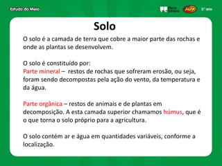 Solo
O solo é a camada de terra que cobre a maior parte das rochas e
onde as plantas se desenvolvem.
O solo é constituído por:
Parte mineral – restos de rochas que sofreram erosão, ou seja,
foram sendo decompostas pela ação do vento, da temperatura e
da água.
Parte orgânica – restos de animais e de plantas em
decomposição. A esta camada superior chamamos húmus, que é
o que torna o solo próprio para a agricultura.
O solo contém ar e água em quantidades variáveis, conforme a
localização.
 