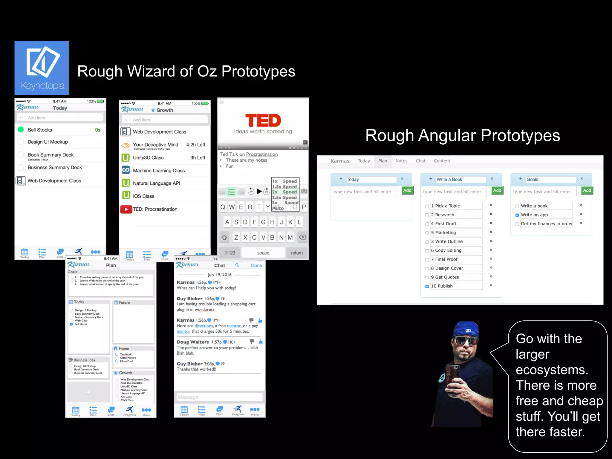 Rough Angular Prototypes
Go with the
larger
ecosystems.
There is more
free and cheap
stuff. You’ll get
there faster.
Rough Wizard of Oz Prototypes
 