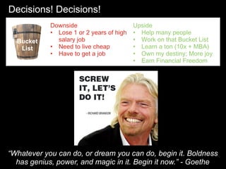 Bucket
List
Downside
• Lose 1 or 2 years of high
salary job
• Need to live cheap
• Have to get a job
Decisions! Decisions!...