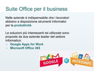 Nelle aziende è indispensabile che i lavoratori
abbiano a disposizione strumenti informatici
per la produttività
Le soluzioni più interessanti ed utilizzate sono
proposte da due aziende leader del settore
informatico:
- Google Apps for Work
- Microsoft Office 365
Suite Office per il business
 