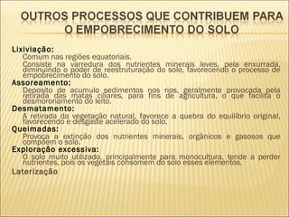 Lixiviação:
Comum nas regiões equatoriais.
Consiste na varredura dos nutrientes minerais leves, pela enxurrada,
diminuindo o poder de reestruturação do solo, favorecendo o processo de
empobrecimento do solo.
Assoreamento:
Deposito de acumulo sedimentos nos rios, geralmente provocada pela
retirada das matas ciliares, para fins de agricultura, o que facilita o
desmoronamento do leito.
Desmatamento:
A retirada da vegetação natural, favorece a quebra do equilíbrio original,
favorecendo e desgaste acelerado do solo.
Queimadas:
Provoca a extinção dos nutrientes minerais, orgânicos e gasosos que
compõem o solo.
Exploração excessiva:
O solo muito utilizado, principalmente para monocultura, tende a perder
nutrientes, pois os vegetais consomem do solo esses elementos.
Laterização

 