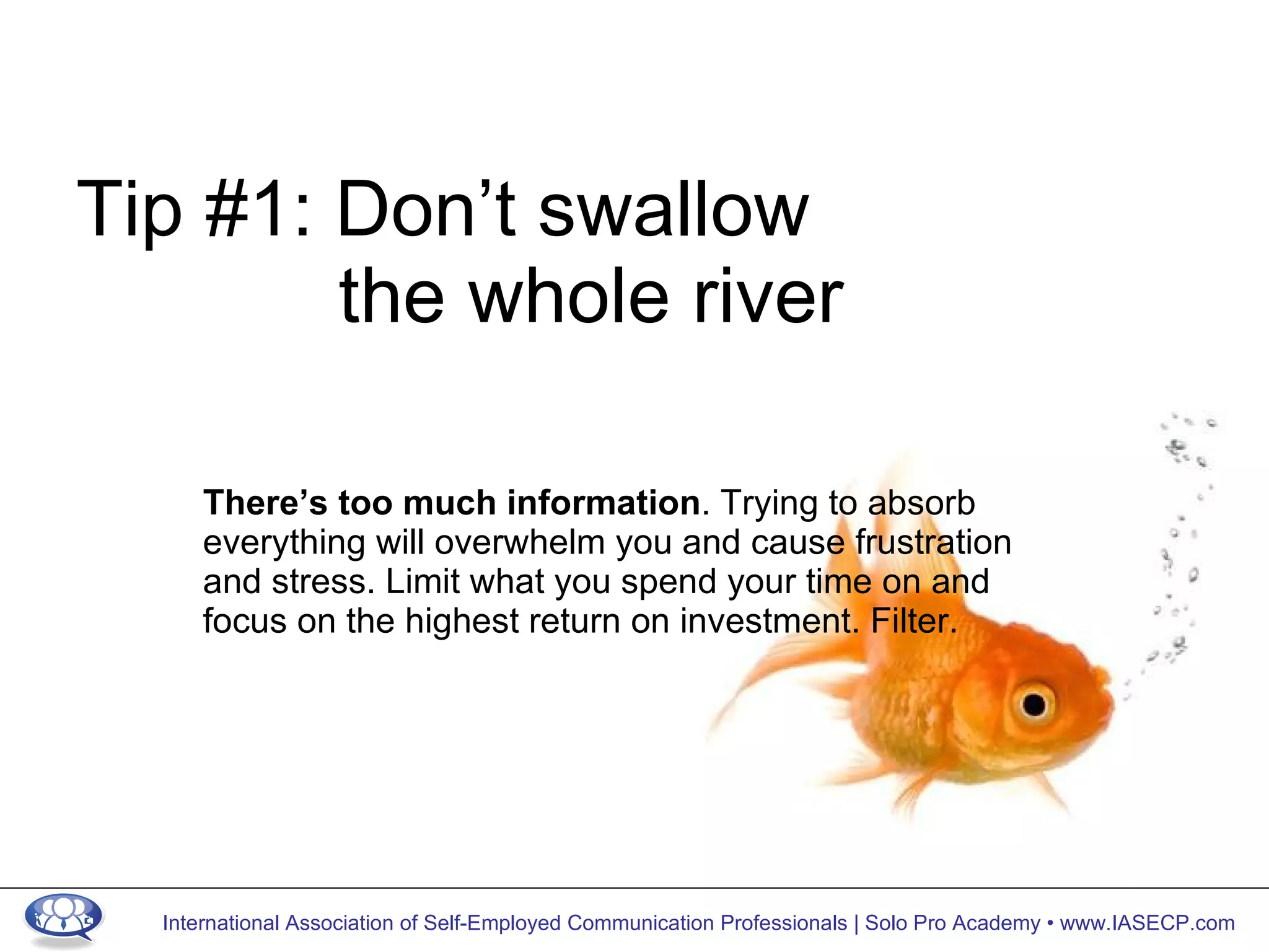 Tip #1: Don’t swallow  the whole river There’s too much information . Trying to absorb everything will overwhelm you and cause frustration and stress. Limit what you spend your time on and focus on the highest return on investment. Filter. 