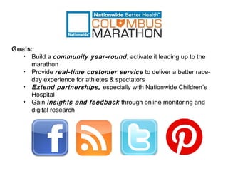 Goals:
  • Build a community year-round , activate it leading up to the
     marathon
  • Provide real-time customer service to deliver a better race-
     day experience for athletes & spectators
  • Extend partnerships, especially with Nationwide Children’s
     Hospital
  • Gain insights and feedback through online monitoring and
     digital research
 