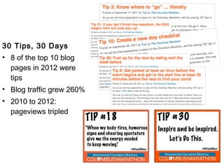 30 Tips, 30 Days
• 8 of the top 10 blog
  pages in 2012 were
  tips
• Blog traffic grew 260%
• 2010 to 2012:
  pageviews tripled
 