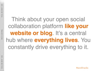 Think about your open social
 collaboration platform like your
  website or blog. It’s a central
hub where everything live...