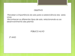 OBJETIVO 
Perceber a importância do solo para a sobrevivência dos seres 
vivos; 
Reconhecer os diferentes tipos de solo, relacionando-os ao 
desenvolvimento das plantas 
PÚBLICO ALVO 
2º ANO 
 