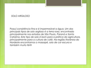 SOLO ARGILOSO 
Possuí consistência fina e é impermeável a água. Um dos 
principais tipos de solo argiloso é a terra roxa, encontrada 
principalmente nos estados de São Paulo, Paraná e Santa 
Catarina. Este tipo de solo é bom para a prática da agricultura, 
principalmente para a cultura de café. Na região litorânea do 
Nordeste encontramos o massapé, solo de cor escura e 
também muito fértil 
 