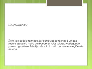 SOLO CALCÁRIO 
É um tipo de solo formado por partículas de rochas. É um solo 
seco e esquenta muito ao receber os raios solares. Inadequado 
para a agricultura. Este tipo de solo é muito comum em regiões de 
deserto 
 