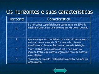 Os horizontes e suas características Chamado de regolito, material decomposto, oriundo da rocha matriz. C Pouco afetado pela erosão natural e pela ação do homem. Pobre em matéria orgânica e rico em material mineralógico. B Apresenta grande quantidade de material decomposto e misturado com minerais. Sofre perca de minerais pesados como Ferro e Alumínio através da lixiviação A É o horizonte superficial pode conter mais de 20% de matéria orgânica em diferentes graus de decomposição O Característica Horizonte 