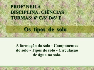 Os  tipos  de  solo A formação do solo - Componentes do solo - Tipos de solo - Circulação de água no solo. PROFª NEILA  DISCIPLINA: CIÊNCIAS TURMAS: 6º C/6º D/6º E 