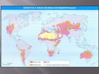 OUTROS PROBLEMAS AMBIENTAIS:VOÇOROCAMENTO: PROCESSO EROSIVO INTENSO EM TERRENOS ARENOSOS POUCO PROVIDOS DE COBERTURA VEGETAL, ONDE A AÇÃO DAS CHUVAS E AS INTEMPÉRIES FORMAM GRANDES BURACOS NO SOLO.ESCORREGAMENTO: REFERE-SE AOS DESLIZAMENTOS DE ENCOSTAS DE BARREIRAS, DEVIDO À OCUPAÇÃO DESORDENADA DE ÁREAS URBANAS COLINOSAS, PLANTIOS SEM CURVAS DE NÍVEL OU PECUÁRIA EXTENSIVA EM TERRENOS DE TOPOGRAFIA IRREGULAR.LIXIVIAÇÃO:PERDA DE NUTRIENTES DO SOLO, DEVIDO À AÇÃO DO ESCOAMENTO SUPERFICIAL E/OU POR INFILTRAÇÃO.LATERIZAÇÃO: FORMAÇÃO DE CROSTAS FERRUGINOSAS (LATERITAS) EM SOLOS DE ÁREAS DE DUAS ESTAÇÕES BEM DEFINIDAS (UMA SECA E OUTRA CHUVOSA), A PARTIR DA CONCENTRAÇÃO DE HIDRÓXIDOS DE FERRO E ALUMÍNIO.