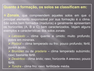  Aluviais:quando são formados pela acumulação de materiais transportados pelas águas correntes (solos de várzeas e de deltas fluviais, por exemplo) e pelos ventos (solos de loess, entre outros).