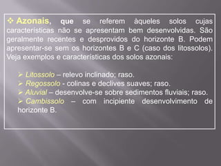  Latossolo – clima quente e úmido; muito profundo; pobre em minerais.