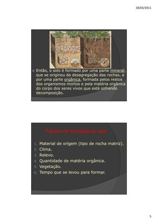 28/03/2011




 Então, o solo é formado por uma parte mineral,
 que se originou da desagregação das rochas, e
 por uma parte orgânica, formada pelos restos
 dos organismos mortos e pela matéria orgânica
 do corpo dos seres vivos que está sofrendo
 decomposição.




        Fatores de formação do solo

1.   Material de origem (tipo de rocha matriz).
2.   Clima.
3.   Relevo.
4.   Quantidade de matéria orgânica.
5.   Vegetação.
6.   Tempo que se levou para formar.




                                                          5
 