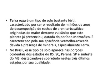 Terra roxa  é um tipo de solo bastante fértil, caracterizado por ser o resultado de milhões de anos de decomposição de rochas de arenito-basáltico originadas do maior derrame vulcânico que este planeta já presenciou, datada do período Mezozóico. É caracterizado pela sua aparência vermelho-roxeada  devida a presença de minerais, especialmente Ferro. No Brasil, esse tipo de solo aparece nas porções ocidentais dos estados do RS, SC, Paraná, SP e sudeste do MS, destacando-se sobretudo nestes três últimos estados por sua qualidade. 