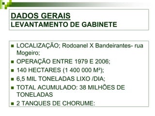 DADOS GERAIS
LEVANTAMENTO DE GABINETE


   LOCALIZAÇÃO; Rodoanel X Bandeirantes- rua
    Mogeiro;
   OPERAÇÃO ENTRE 1979 E 2006;
   140 HECTARES (1 400 000 M²);
   6,5 MIL TONELADAS LIXO /DIA;
   TOTAL ACUMULADO: 38 MILHÕES DE
    TONELADAS
   2 TANQUES DE CHORUME:
 