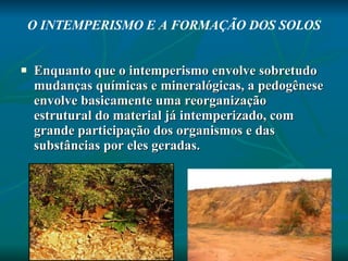 O INTEMPERISMO E A FORMAÇÃO DOS SOLOS Enquanto que o intemperismo envolve sobretudo mudanças químicas e mineralógicas, a pedogênese envolve basicamente uma reorganização estrutural do material já intemperizado, com grande participação dos organismos e das substâncias por eles geradas. 