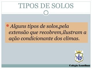TIPOS DE SOLOS

Alguns tipos de solos,pela
 extensão que recobrem,ilustram a
 ação condicionante dos climas.




                              Colégio Lourdinas
 