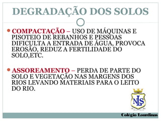 DEGRADAÇÃO DOS SOLOS
COMPACTAÇÃO – USO DE MÁQUINAS E
 PISOTEIO DE REBANHOS E PESSOAS
 DIFICULTA A ENTRADA DE ÁGUA, PROVOCA
 EROSÃO, REDUZ A FERTILIDADE DO
 SOLO,ETC.

ASSOREAMENTO – PERDA DE PARTE DO
 SOLO E VEGETAÇÃO NAS MARGENS DOS
 RIOS LEVANDO MATERIAIS PARA O LEITO
 DO RIO.



                               Colégio Lourdinas
 