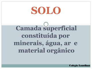SOLO
Camada superficial
  constituída por
minerais, água, ar e
 material orgânico

                 Colégio Lourdinas
 