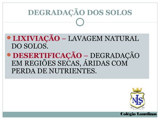 DEGRADAÇÃO DOS SOLOS


LIXIVIAÇÃO – LAVAGEM NATURAL
 DO SOLOS.
DESERTIFICAÇÃO – DEGRADAÇÃO
 EM REGIÕES SECAS, ÁRIDAS COM
 PERDA DE NUTRIENTES.




                        Colégio Lourdinas
 