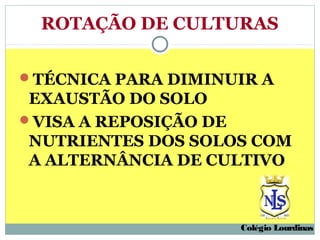 ROTAÇÃO DE CULTURAS

TÉCNICA PARA DIMINUIR A
 EXAUSTÃO DO SOLO
VISA A REPOSIÇÃO DE
 NUTRIENTES DOS SOLOS COM
 A ALTERNÂNCIA DE CULTIVO



                    Colégio Lourdinas
 