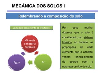Por esse motivo,
dizemos que o solo é
considerado um sistema
trifásico, no entanto, as
proporções de cada
elemento que o constitui
variam, principalmente
de acordo com a
natureza ou tipo do solo.
Minerais
e matéria
orgânica
Ar
Água
Relembrando a composição do solo
Composto basicamente de três fases:
MECÂNICA DOS SOLOS I
 