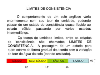 LIMITES DE CONSISTÊNCIA
O comportamento de um solo argiloso varia
enormemente com seu teor de umidade, podendo
passar de um estado de consistência quase líquido ao
estado sólido, passando por vários estados
intermediários.
Os teores de umidade limites, entre os estados
de consistência são chamados LIMITES DE
CONSISTÊNCIA. A passagem de um estado para
outro ocorre de forma gradual de acordo com a variação
do teor de água do solo (teor de umidade).
LC LP LL
h%
SEMI-SÓLIDO
SÓLIDO PLÁSTICO LÍQUIDO
 