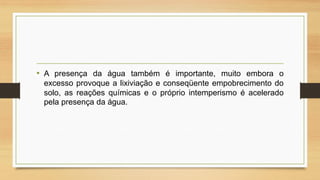 • A presença da água também é importante, muito embora o
excesso provoque a lixiviação e conseqüente empobrecimento do
solo, as reações químicas e o próprio intemperismo é acelerado
pela presença da água.

 