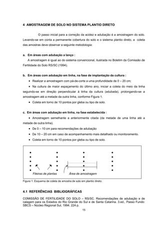 15
4 AMOSTRAGEM DE SOLO NO SISTEMA PLANTIO DIRETO
O passo inicial para a correção da acidez e adubação é a amostragem do solo.
Levando-se em conta a permanente cobertura do solo e o sistema plantio direto, a coleta
das amostras deve observar a seguinte metodologia:
a. Em áreas com adubação a lanço :
A amostragem é igual ao do sistema convencional, ilustrada no Boletim da Comissão de
Fertilidade do Solo RS/SC (1994).
b. Em áreas com adubação em linha, na fase de implantação da cultura :
• Realizar a amostragem com pá-de-corte a uma profundidade de 0 – 20 cm;
• Na cultura de maior espaçamento do último ano, iniciar a coleta do meio da linha
seguindo-se em direção perpendicular à linha da cultura (adubada), prolongando-se a
amostragem até a metade da outra linha, conforme Figura 1.
• Coleta em torno de 10 pontos por gleba ou tipo de solo.
c. Em áreas com adubação em linha, na fase estabelecida :
• Amostragem semelhante a anteriormente citada (da metade de uma linha até a
metade de outra linha).
• De 0 – 10 cm para recomendações de adubação
• De 10 – 20 cm em caso de acompanhamento mais detalhado ou monitoramento.
• Coleta em torno de 10 pontos por gleba ou tipo de solo.
• • • •
• • • •
• • • •
• • ! • •
• • • •
Fileiras de plantas Área de amostragem
Figura 1: Esquema de coleta de amostra de solo em plantio direto.
4.1 REFERÊNCIAS BIBLIOGRÁFICAS
COMISSÃO DE FERTILIDADE DO SOLO – RS/SC. Recomendações de adubação e de
calagem para os Estados do Rio Grande do Sul e de Santa Catarina. 3.ed., Passo Fundo:
SBCS – Núcleo Regional Sul, 1994. 224 p.
 