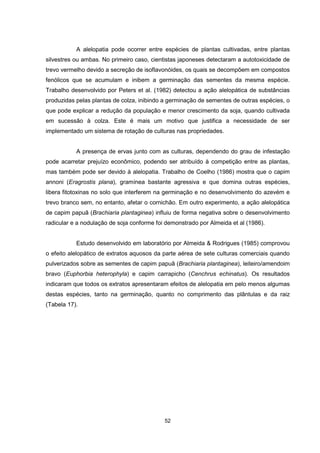 52
A alelopatia pode ocorrer entre espécies de plantas cultivadas, entre plantas
silvestres ou ambas. No primeiro caso, cientistas japoneses detectaram a autotoxicidade de
trevo vermelho devido a secreção de isoflavonóides, os quais se decompõem em compostos
fenólicos que se acumulam e inibem a germinação das sementes da mesma espécie.
Trabalho desenvolvido por Peters et al. (1982) detectou a ação alelopática de substâncias
produzidas pelas plantas de colza, inibindo a germinação de sementes de outras espécies, o
que pode explicar a redução da população e menor crescimento da soja, quando cultivada
em sucessão à colza. Este é mais um motivo que justifica a necessidade de ser
implementado um sistema de rotação de culturas nas propriedades.
A presença de ervas junto com as culturas, dependendo do grau de infestação
pode acarretar prejuízo econômico, podendo ser atribuído à competição entre as plantas,
mas também pode ser devido à alelopatia. Trabalho de Coelho (1986) mostra que o capim
annoni (Eragrostis plana), gramínea bastante agressiva e que domina outras espécies,
libera fitotoxinas no solo que interferem na germinação e no desenvolvimento do azevém e
trevo branco sem, no entanto, afetar o cornichão. Em outro experimento, a ação alelopática
de capim papuã (Brachiaria plantaginea) influiu de forma negativa sobre o desenvolvimento
radicular e a nodulação de soja conforme foi demonstrado por Almeida et al (1986).
Estudo desenvolvido em laboratório por Almeida & Rodrigues (1985) comprovou
o efeito alelopático de extratos aquosos da parte aérea de sete culturas comerciais quando
pulverizados sobre as sementes de capim papuã (Brachiaria plantaginea), leiteiro/amendoim
bravo (Euphorbia heterophyla) e capim carrapicho (Cenchrus echinatus). Os resultados
indicaram que todos os extratos apresentaram efeitos de alelopatia em pelo menos algumas
destas espécies, tanto na germinação, quanto no comprimento das plântulas e da raiz
(Tabela 17).
 