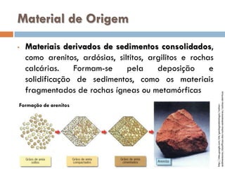 •

Materiais derivados de sedimentos consolidados,
como arenitos, ardósias, siltitos, argilitos e rochas
calcárias.
Formam-se
pela
deposição
e
solidificação de sedimentos, como os materiais
fragmentados de rochas ígneas ou metamórficas

Formação de arenitos

http://sites.google.com/site/geologiaebiologia/rochassedimentares/classificao-das-rochas-sedimentares/rochas-detrticas

Material de Origem

 