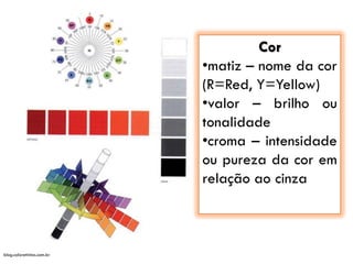 Cor
•matiz – nome da cor
(R=Red, Y=Yellow)
•valor – brilho ou
tonalidade
•croma – intensidade
ou pureza da cor em
relação ao cinza

blog.coloretintas.com.br

 