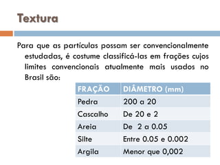 Textura
Para que as partículas possam ser convencionalmente
estudadas, é costume classificá-las em frações cujos
limites convencionais atualmente mais usados no
Brasil são:
FRAÇÃO
DIÂMETRO (mm)
Pedra
200 a 20
Cascalho
De 20 e 2
Areia
De 2 a 0.05
Silte
Entre 0.05 e 0.002
Argila
Menor que 0,002

 