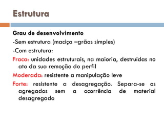 Estrutura
Grau de desenvolvimento
-Sem estrutura (maciça –grãos simples)
-Com estrutura:
Fraca: unidades estruturais, na maioria, destruídas no
ato da sua remoção do perfil
Moderada: resistente a manipulação leve
Forte: resistente a desagregação. Separa-se os
agregados sem a ocorrência de material
desagregado

 