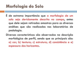 Morfologia do Solo
É de extrema importância que a morfologia de um
solo seja devidamente descrita no campo, antes
que dele sejam retiradas amostras para as diversas
análises que são realizadas nos laboratórios de
pedologia.
Diversas características são observadas na descrição
morfológica de perfil, sendo que as principais são:
a) cor; b) textura; c) estrutura; d) consistência e e)
espessura dos horizontes.

 