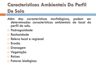 Características Ambientais Do Perfil
De Solo
Além das características morfológicas, podem ser
determinadas características ambientais do local do
perfil do solo.
 Pedregosidade
 Rochosidade
 Relevo local e regional
 Erosão
 Drenagem
 Vegetação
 Raízes
 Fatores biológicos

 