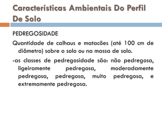 Características Ambientais Do Perfil
De Solo
PEDREGOSIDADE
Quantidade de calhaus e matacões (até 100 cm de
diâmetro) sobre o solo ou na massa de solo.
-as classes de pedregosidade são: não pedregosa,
ligeiramente
pedregosa,
moderadamente
pedregosa, pedregosa, muito pedregosa, e
extremamente pedregosa.

 