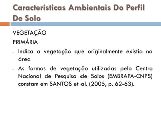 Características Ambientais Do Perfil
De Solo
VEGETAÇÃO
PRIMÁRIA
- Indica a vegetação que originalmente existia na
área
- As formas de vegetação utilizadas pelo Centro
Nacional de Pesquisa de Solos (EMBRAPA-CNPS)
constam em SANTOS et al. (2005, p. 62-63).

 