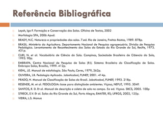 Referência Bibliográfica


















Lepsh, Igo F. Formação e Conservação dos Solos. Oficina de Textos, 2002
Morfologia SPA, 2006 Apud.
BRADY, N.C. Natureza e propriedades dos solos. 7.ed. Rio de Janeiro, Freitas Bastos, 1989. 878p.
BRASIL. Ministério da Agricultura. Departamento Nacional de Pesquisa agropecuária. Divisão de Pesquisa
Pedológica. Levantamento de Reconhecimento dos Solos do Estado do Rio Grande do Sul, Recife, 1973.
431p.
CURI, N. et al. Vocabulário de Ciência do Solo. Campinas, Sociedade Brasileira de Ci6encia do Solo,
1993. 90p.
EMBRAPA. Centro Nacional de Pesquisa de Solos (RJ). Sistema Brasileiro do Classificação de Solos.
Embrapa Solos, Brasília, 1999. 412p.
KIEHL, J.E. Manual de edafologia. São Paulo, Ceres, 1979, 262p.
OLIVEIRA, J.B. Pedologia Aplicada. Jaboticabal, FUNEP, 2001. 414p.
PRADO, H. Manual de Classificação de Solos do Brasil. Jaboticabal, FUNEP, 1993. 218p.
RESENDE, M. et al. PEDOLOGIA: base para distinçãode ambientes. Viçosa, NEPUT, 1995. 304P.
SANTOS, R. D. Et al. Manual de descrição e coleta de solo no campo. 5a ed. Viçosa. SBCS, 2005. 100p
STRECK, E.V. Et al. Solos do Rio Grande do Sul, Porto Alegre, EMATER, RS; UFRGS, 2002, 125p.
VIEIRA, L.S. Manua

 