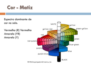 Cor - Matiz
Espectro dominante de
cor no solo.
Vermelho (R) Vermelho
Amarelo (YR)
Amarelo (Y)

 