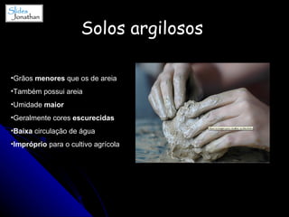 Solos argilosos   Grãos  menores  que os de areia Também possui areia Umidade  maior Geralmente cores  escurecidas Baixa  circulação de água Impróprio  para o cultivo agrícola 