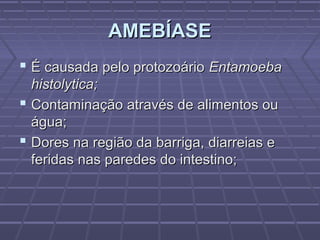 AMEBÍASE
 É causada pelo protozoário Entamoeba
  histolytica;
 Contaminação através de alimentos ou
  água;
 Dores na região da barriga, diarreias e
  feridas nas paredes do intestino;
 