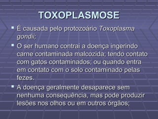 TOXOPLASMOSE
 É causada pelo protozoário Toxoplasma
  gondii;
 O ser humano contrai a doença ingerindo
  carne contaminada malcozida; tendo contato
  com gatos contaminados; ou quando entra
  em contato com o solo contaminado pelas
  fezes.
 A doença geralmente desaparece sem
  nenhuma consequência, mas pode produzir
  lesões nos olhos ou em outros órgãos;
 