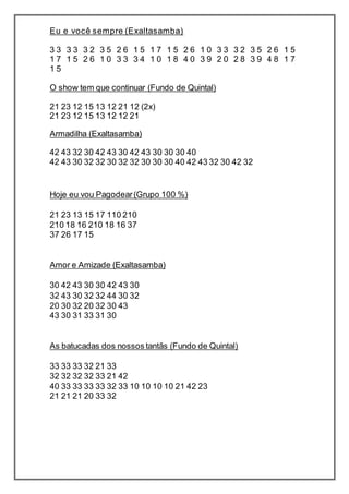 Eu e você sempre (Exaltasamba)
3 3 3 3 3 2 3 5 2 6 1 5 1 7 1 5 2 6 1 0 3 3 3 2 3 5 2 6 1 5
1 7 1 5 2 6 1 0 3 3 3 4 1 0 1 8 4 0 3 9 2 0 2 8 3 9 4 8 1 7
1 5
O show tem que continuar (Fundo de Quintal)
21 23 12 15 13 12 21 12 (2x)
21 23 12 15 13 12 12 21
Armadilha (Exaltasamba)
42 43 32 30 42 43 30 42 43 30 30 30 40
42 43 30 32 32 30 32 32 30 30 30 40 42 43 32 30 42 32
Hoje eu vou Pagodear(Grupo 100 %)
21 23 13 15 17 110 210
210 18 16 210 18 16 37
37 26 17 15
Amor e Amizade (Exaltasamba)
30 42 43 30 30 42 43 30
32 43 30 32 32 44 30 32
20 30 32 20 32 30 43
43 30 31 33 31 30
As batucadas dos nossos tantãs (Fundo de Quintal)
33 33 33 32 21 33
32 32 32 32 33 21 42
40 33 33 33 33 32 33 10 10 10 10 21 42 23
21 21 21 20 33 32
 