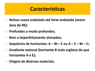 Características
- Relevo suave ondulado até forte ondulado (maior
  área do RS);
- Profundos a muito profundos;
- Bem a imperfeitamente drenados;
- Sequência de horizontes: A – Bt – C ou A – E – Bt – C;
- Gradiente textural (horizonte B mais argiloso do que
  horizontes A e E);
- Origem de diversos materiais.
 