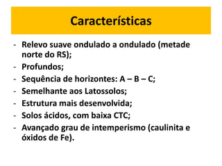 Características
- Relevo suave ondulado a ondulado (metade
  norte do RS);
- Profundos;
- Sequência de horizontes: A – B – C;
- Semelhante aos Latossolos;
- Estrutura mais desenvolvida;
- Solos ácidos, com baixa CTC;
- Avançado grau de intemperismo (caulinita e
  óxidos de Fe).
 