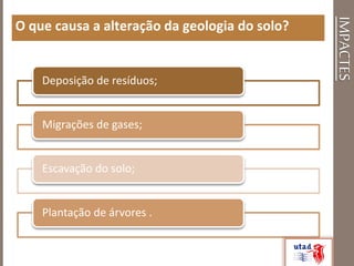 IMPACTES
O que causa a alteração da geologia do solo?
Deposição de resíduos;
Migrações de gases;
Escavação do solo;
Plantação de árvores .
 