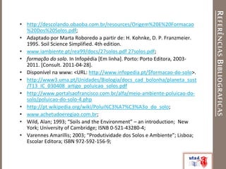 REFERÊNCIASBIBLIOGRAFICAS
• http://descolando.obaoba.com.br/resources/Origem%20E%20Formacao
%20Dos%20Solos.pdf;
• Adaptado por Marta Roboredo a partir de: H. Kohnke, D. P. Franzmeier.
1995. Soil Science Simplified. 4th edition.
• www.iambiente.pt/rea99/docs/27solos.pdf 27solos.pdf;
• formação do solo. In Infopédia [Em linha]. Porto: Porto Editora, 2003-
2011. [Consult. 2011-04-28].
• Disponível na www: <URL: http://www.infopedia.pt/$formacao-do-solo>.
• http://www3.uma.pt/Unidades/Biologia/docs_cad_bolonha/planeta_sust
/T13_IC_030408_artigo_poluicao_solos.pdf
• http://www.portalsaofrancisco.com.br/alfa/meio-ambiente-poluicao-do-
solo/poluicao-do-solo-4.php
• http://pt.wikipedia.org/wiki/Polui%C3%A7%C3%A3o_do_solo;
• www.achetudoeregiao.com.br;
• Wild, Alan; 1993; “Soils and the Environment” – an introduction; New
York; University of Cambridge; ISNB 0-521-43280-4;
• Varennes Amarillis; 2003; “Produtividade dos Solos e Ambiente”; Lisboa;
Escolar Editora; ISBN 972-592-156-9;
 